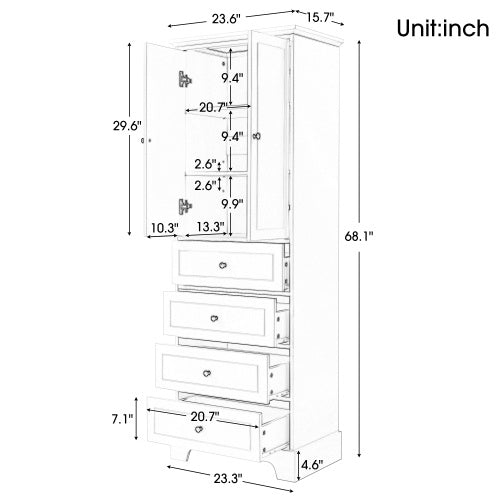 Cabinet With 2 Doors And 4 Drawers For Bathroom, Office